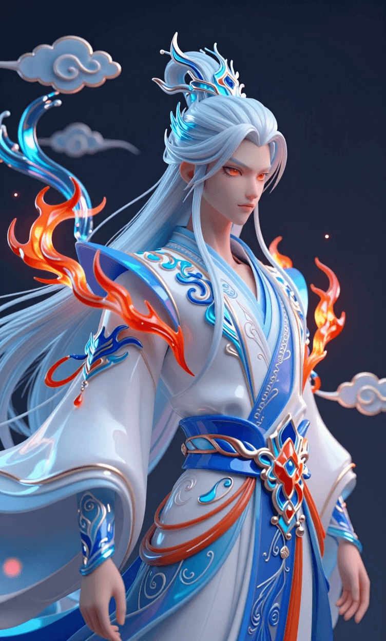 国潮风与赛博朋克风格创作，还叠加了传统国风纹样与仙侠美学的特征，以中国神话人物（敖丙）为核心，结合传统祥云、水纹等国风元素，用现代色彩对比（蓝白主调+橙红点缀）重构中式审美。通过3D质感的流体化线条、光效渐变打造出飘逸的视觉层次，人物造型的柔美线条、神态的空灵感，契合仙侠题材的艺术表达特征，妖艳，冶艳， 敖丙，修长丹凤眼，侧脸特写，红蓝莹光色火焰烟雾缠绕全身，拟人化，新中式国潮，仙侠美学，数字艺术渲染，奇幻流体画风，中国传统纹样融合，蓝白渐变主色调，橙红撞色点缀，祥云水纹环绕，琉璃质感，光效渐变，飘逸发丝，精致头饰，暗背景对比，8K超高清，细腻肌理