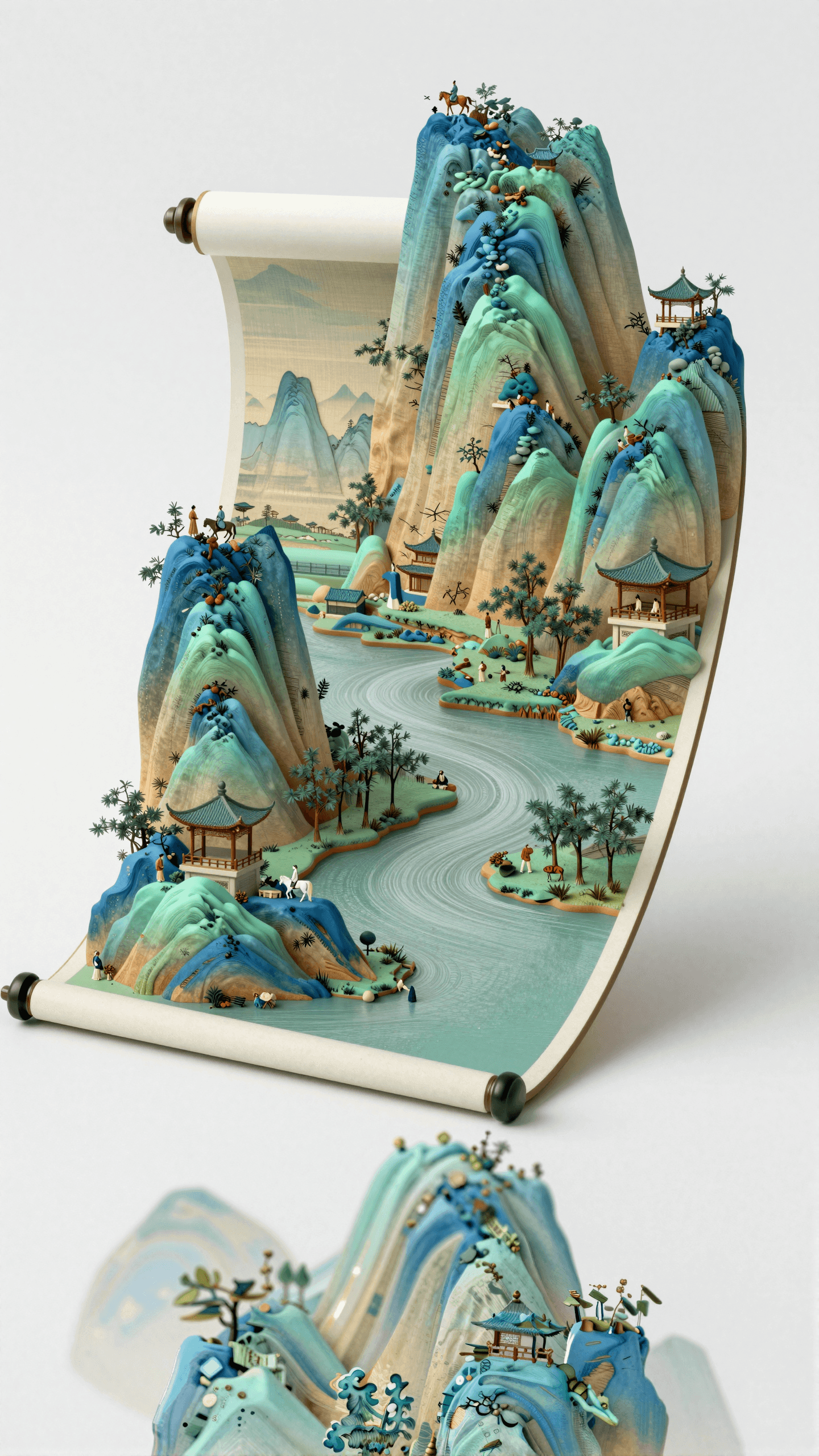 超现实主义艺术作品，以北宋《千里江山图》为灵感，将青绿山水绘于立体卷轴之上，卷轴部分展开，呈现 3D 浮雕效果的山峦、河流、亭台楼阁，点缀骑马行人等古意人物，搭配细腻的矿物颜料质感（石青、石绿为主），背景纯白极简，光线柔和突出主体层次，融合传统工笔技法与现代 C4D 渲染，营造出 “江山入画” 的东方美学与当代艺术碰撞感，细节极致清晰.